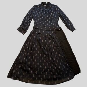 VINTAGE Nora Noh Metallic Leaf Pleated Midi Dress Black Silver Size 8